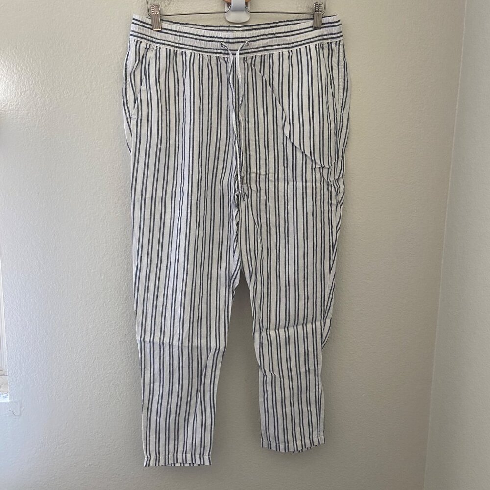 H&M Linen Straight Leg Pants Drawstring Lightweight Breathable Striped 10